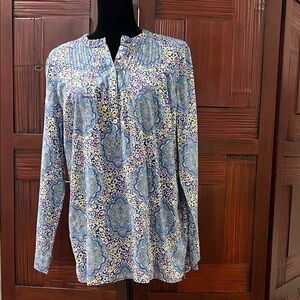 Talbots light weight cotton tunic w/blue medallion print. Fresh spring colors